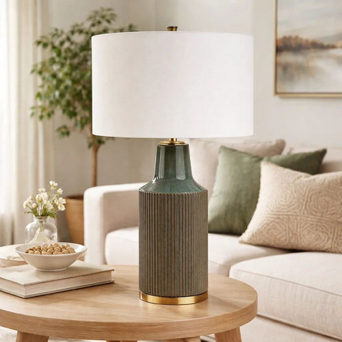 Table Lamp | White Linen Shade | Ribbed Ceramic Base | Blue Green 27"