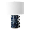 Table Lamp | 3D Raised Block Patterns | White Linen Shade | Blue 23"