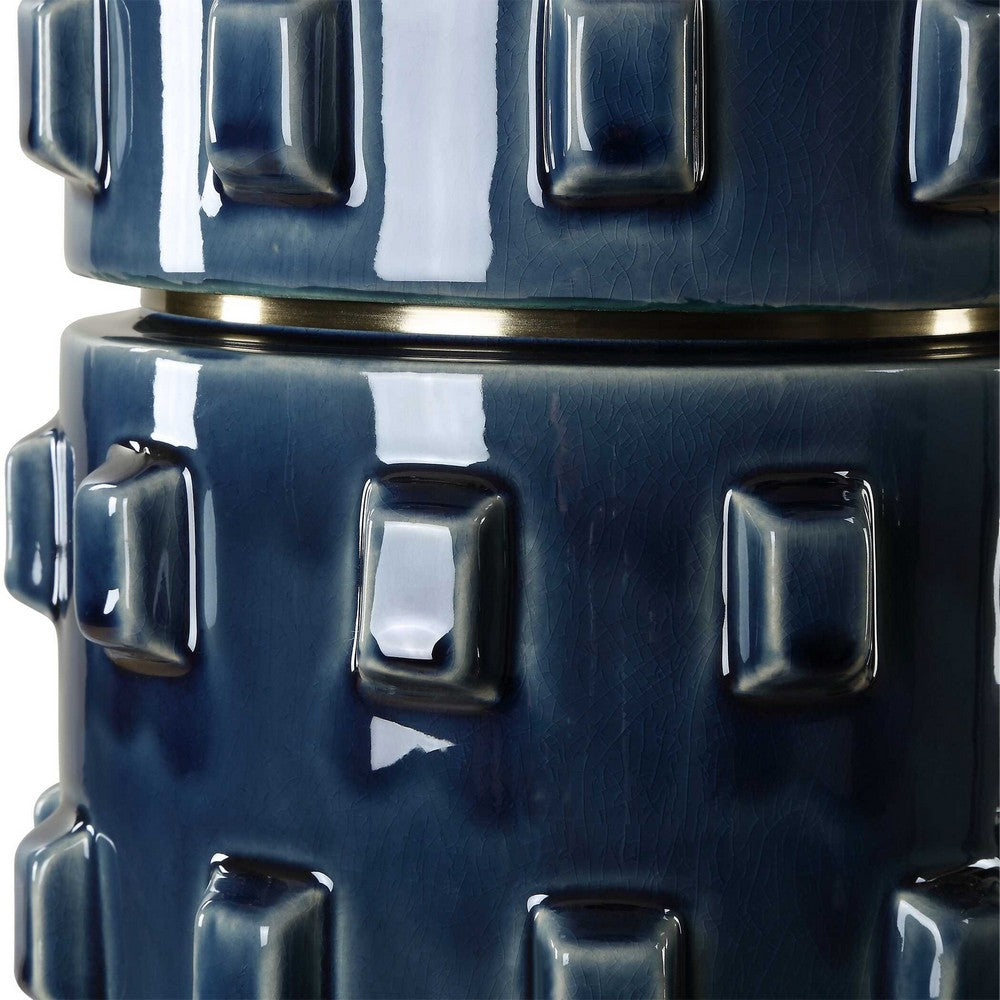 Table Lamp | 3D Raised Block Patterns | White Linen Shade | Blue 23"