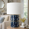 Table Lamp | 3D Raised Block Patterns | White Linen Shade | Blue 23"