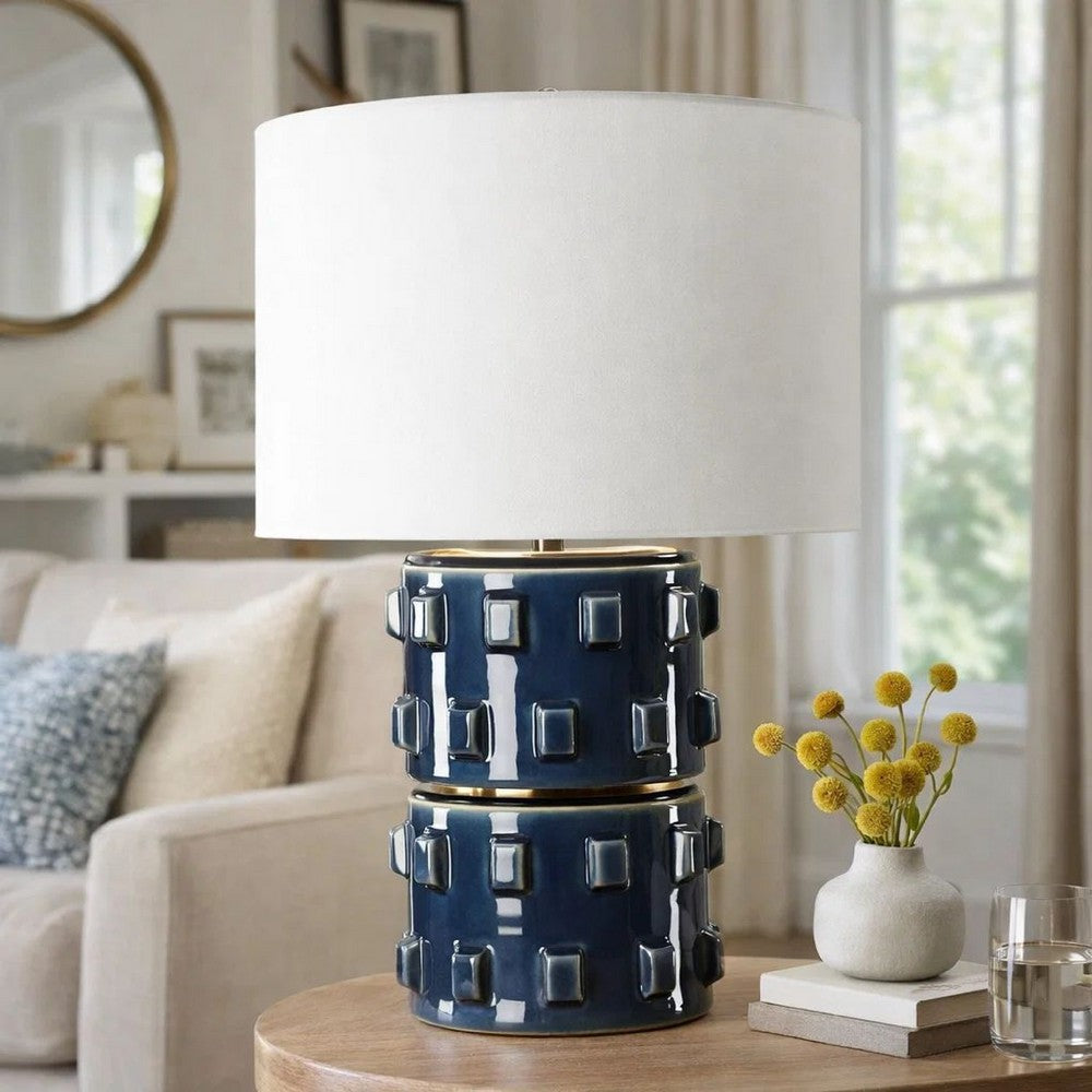 Table Lamp | 3D Raised Block Patterns | White Linen Shade | Blue 23"