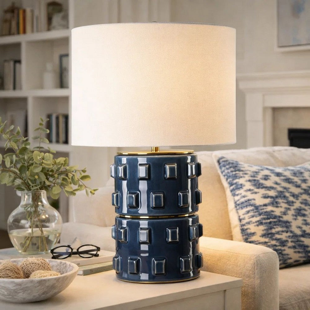 Table Lamp | 3D Raised Block Patterns | White Linen Shade | Blue 23"