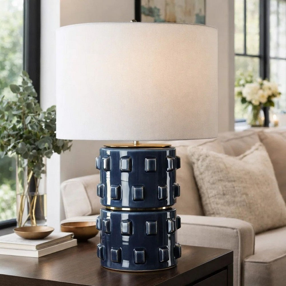 Table Lamp | 3D Raised Block Patterns | White Linen Shade | Blue 23"