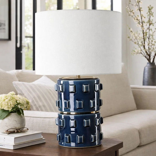 Table Lamp | 3D Raised Block Patterns | White Linen Shade | Blue 23"