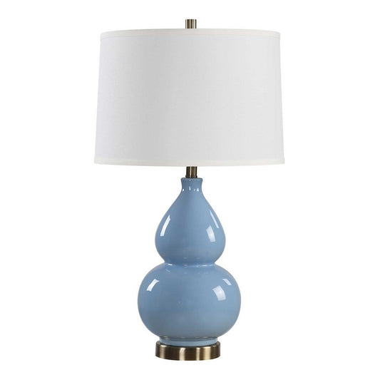 Roe Table Lamp | White Linen Shade | Blue Gourd Ceramic Body | 26"