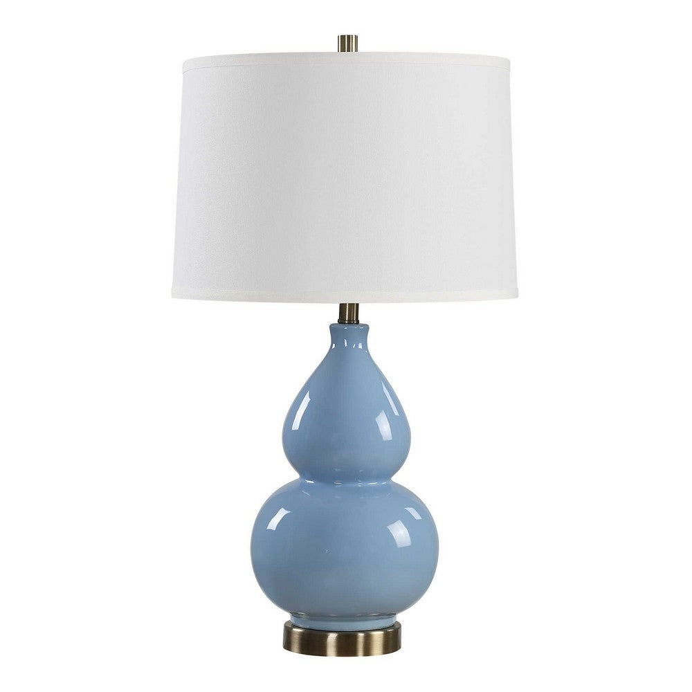 Roe Table Lamp | White Linen Shade | Blue Gourd Ceramic Body | 26"