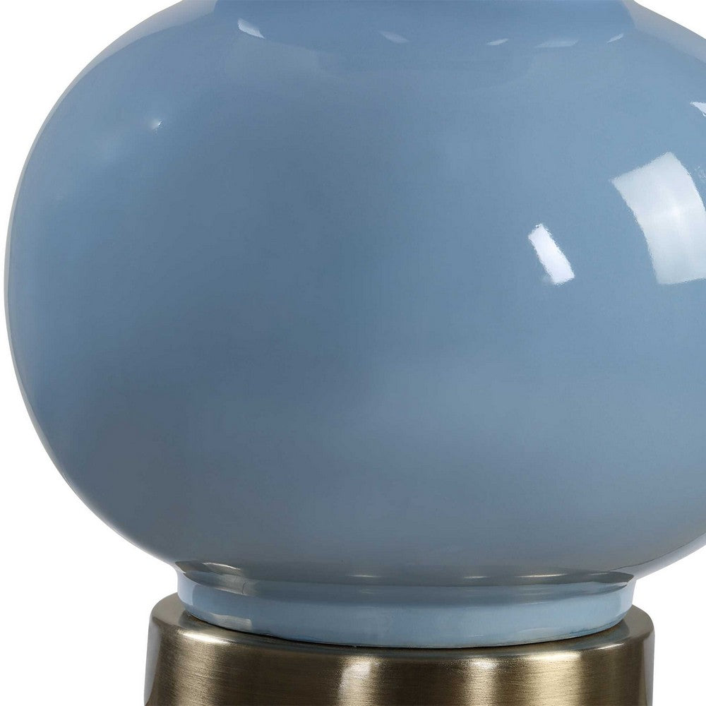 Roe Table Lamp | White Linen Shade | Blue Gourd Ceramic Body | 26"