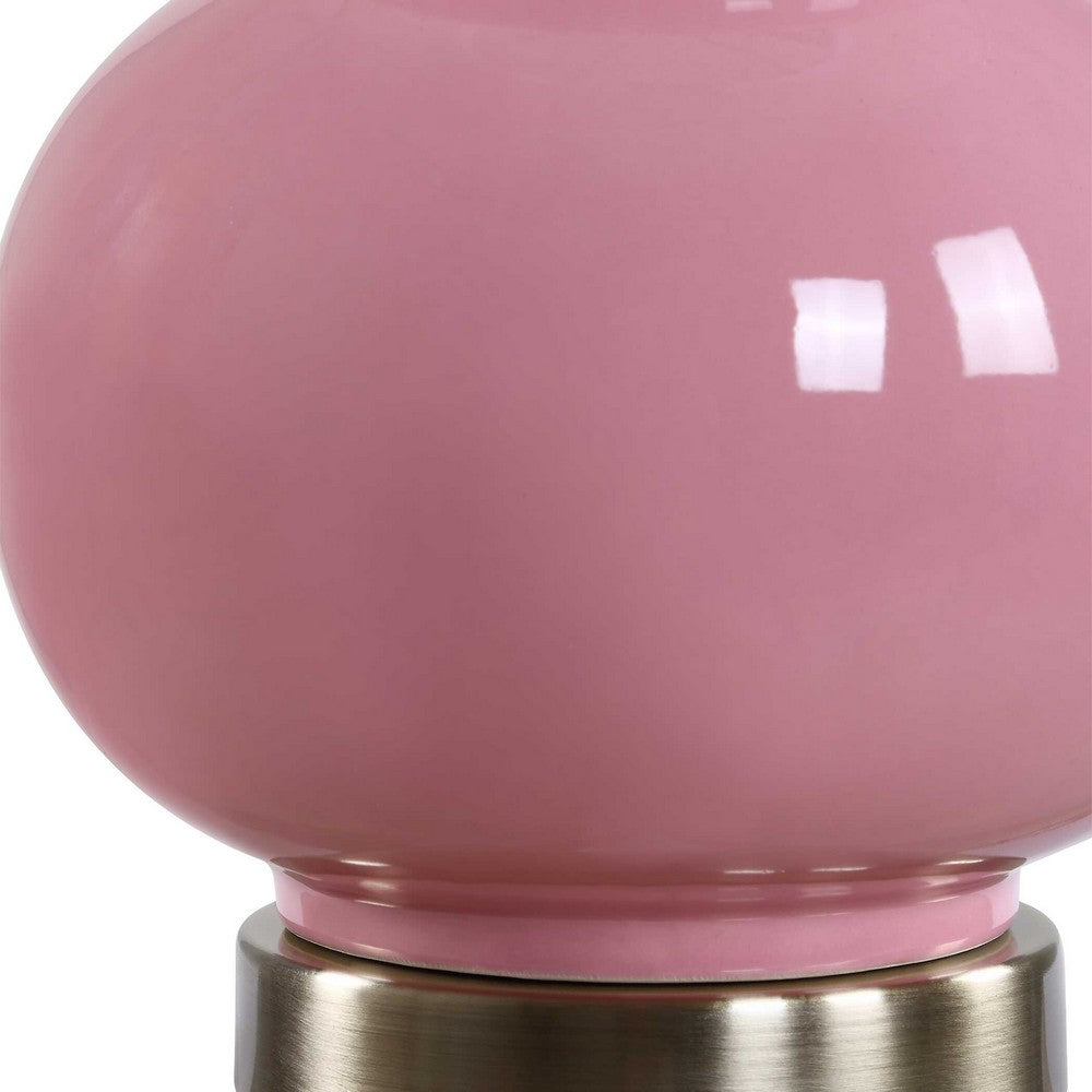 Roe Table Lamp | White Linen Shade | Pink Gourd Ceramic Body | 26"