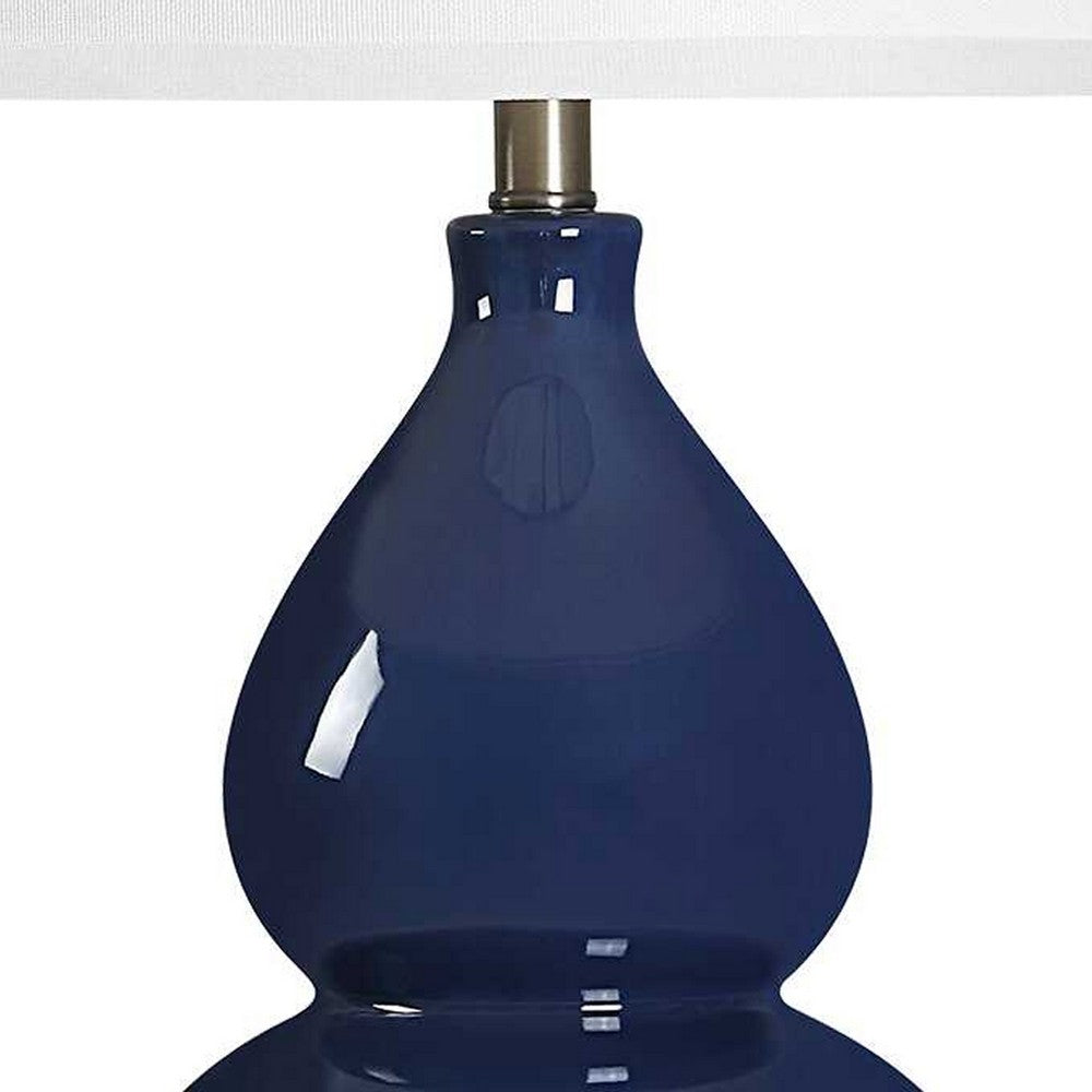 Roe Table Lamp | White Linen Shade | Navy Blue Gourd Ceramic Body | 26"