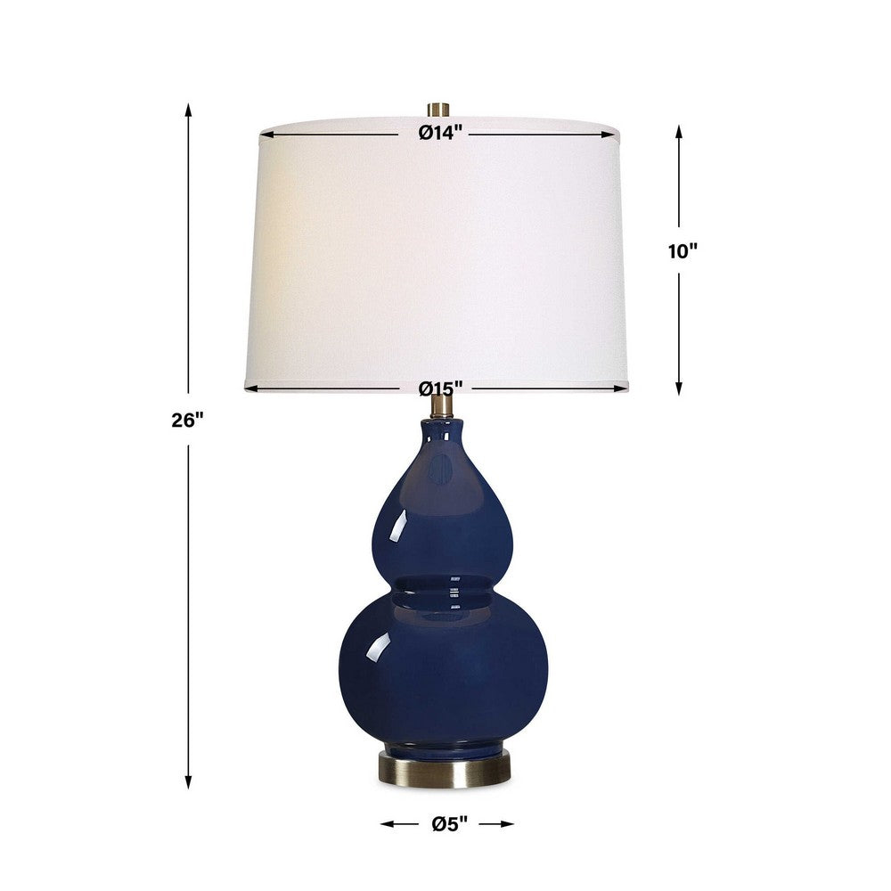Roe Table Lamp | White Linen Shade | Navy Blue Gourd Ceramic Body | 26"