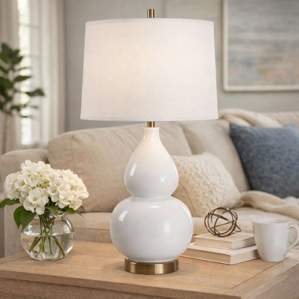 Roe Table Lamp | White Linen Shade | White Gourd Ceramic Body | 26"