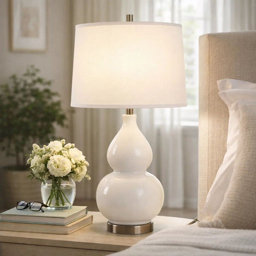 Roe Table Lamp | White Linen Shade | White Gourd Ceramic Body | 26"