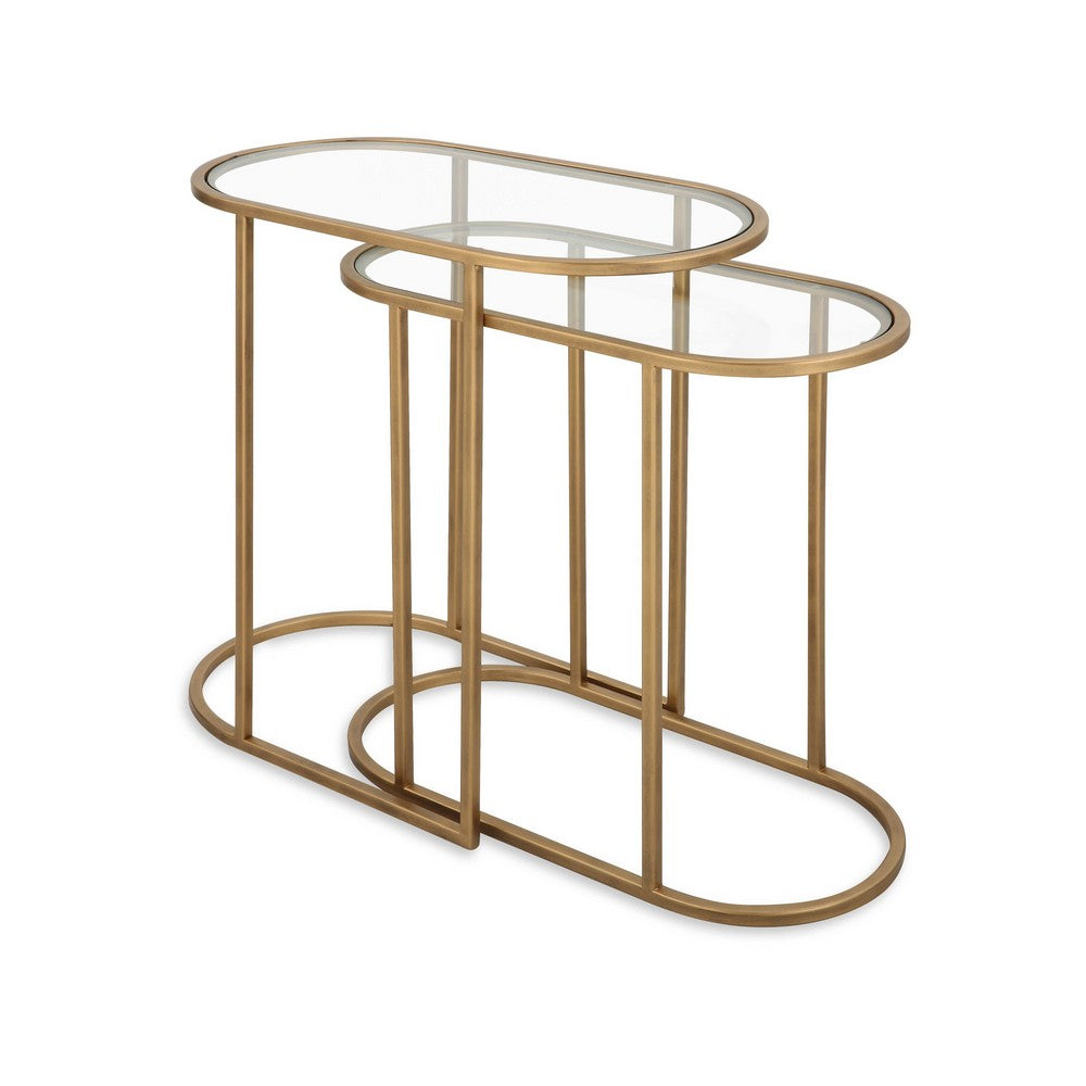 Valo 2pc Nesting Accent Table Set | Retro Glass Oval Top | Antique Brass