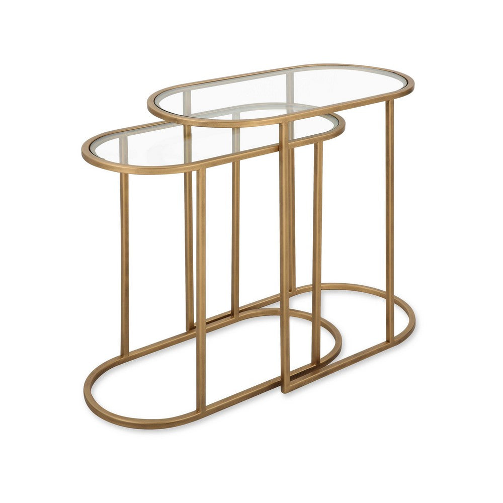Valo 2pc Nesting Accent Table Set | Retro Glass Oval Top | Antique Brass