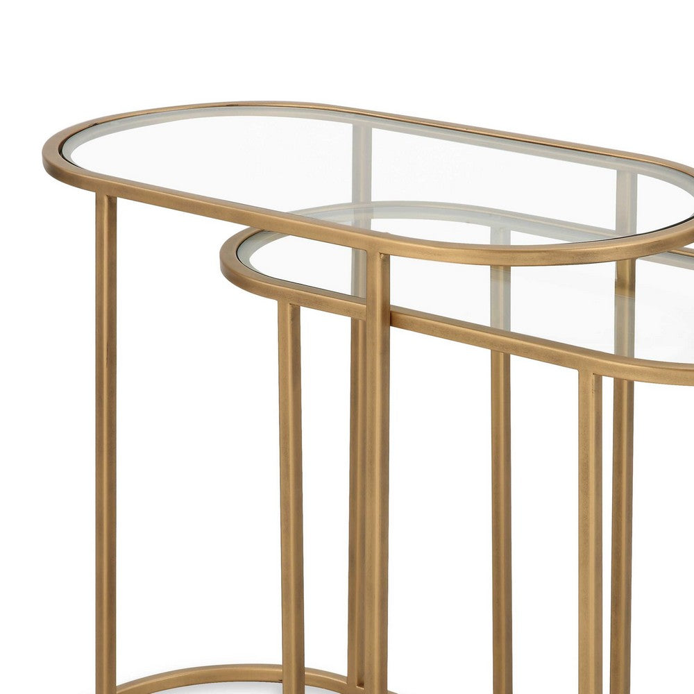 Valo 2pc Nesting Accent Table Set | Retro Glass Oval Top | Antique Brass