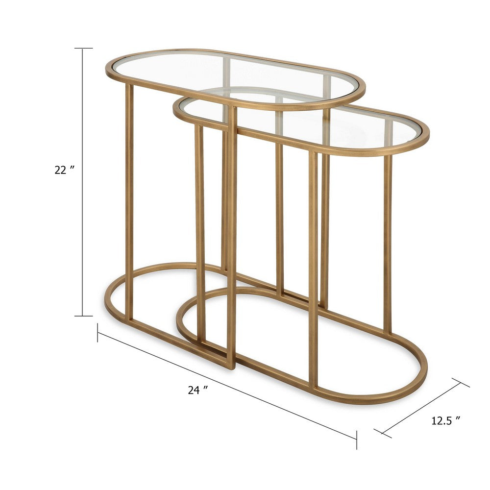 Valo 2pc Nesting Accent Table Set | Retro Glass Oval Top | Antique Brass