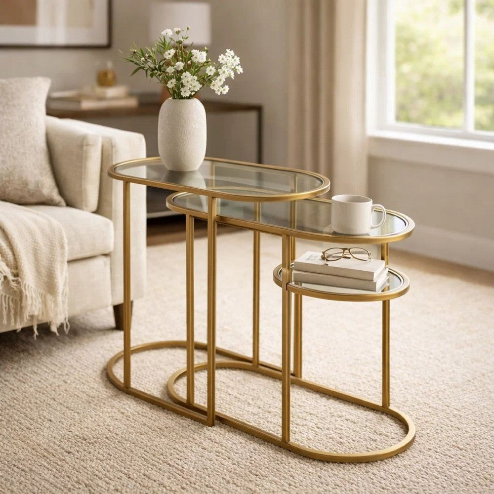 Valo 2pc Nesting Accent Table Set | Retro Glass Oval Top | Antique Brass