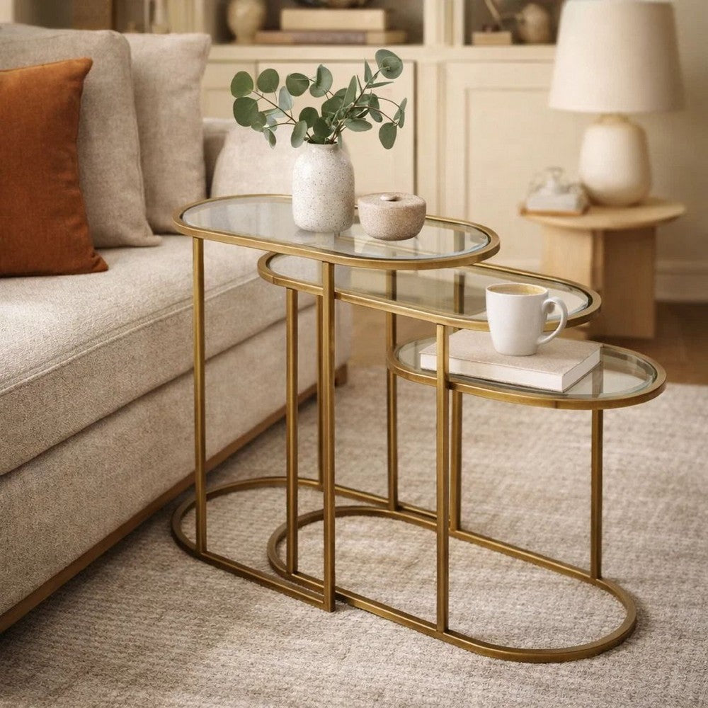 Valo 2pc Nesting Accent Table Set | Retro Glass Oval Top | Antique Brass