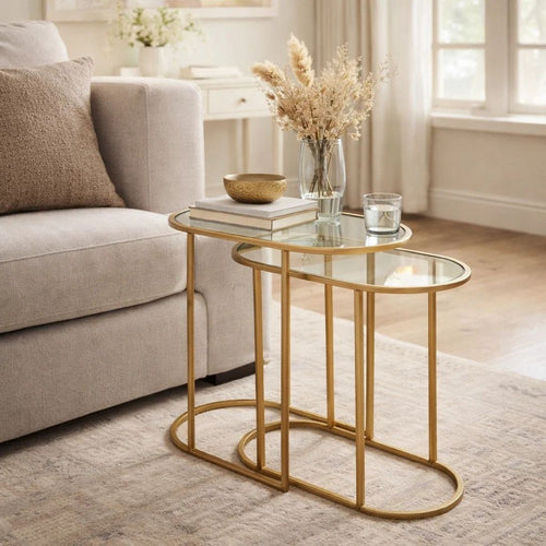 Valo 2pc Nesting Accent Table Set | Retro Glass Oval Top | Antique Brass