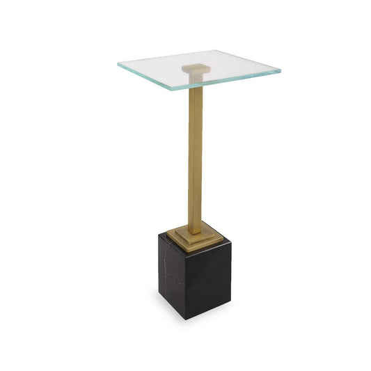 Lemy Accent Table | 11" Square Glass Top | Black Marble Base | Brass