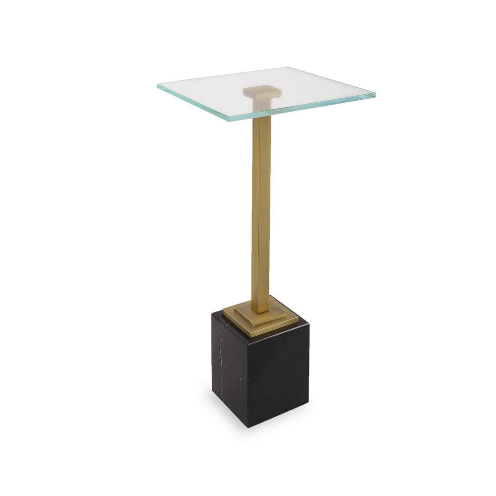 Lemy Accent Table | 11" Square Glass Top | Black Marble Base | Brass