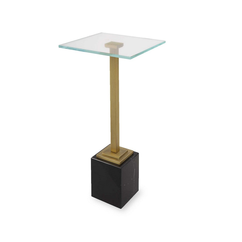 Lemy Accent Table | 11" Square Glass Top | Black Marble Base | Brass