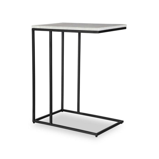 Kez Accent Table | 18" White Real Marble Top | Black C Shape Metal Frame