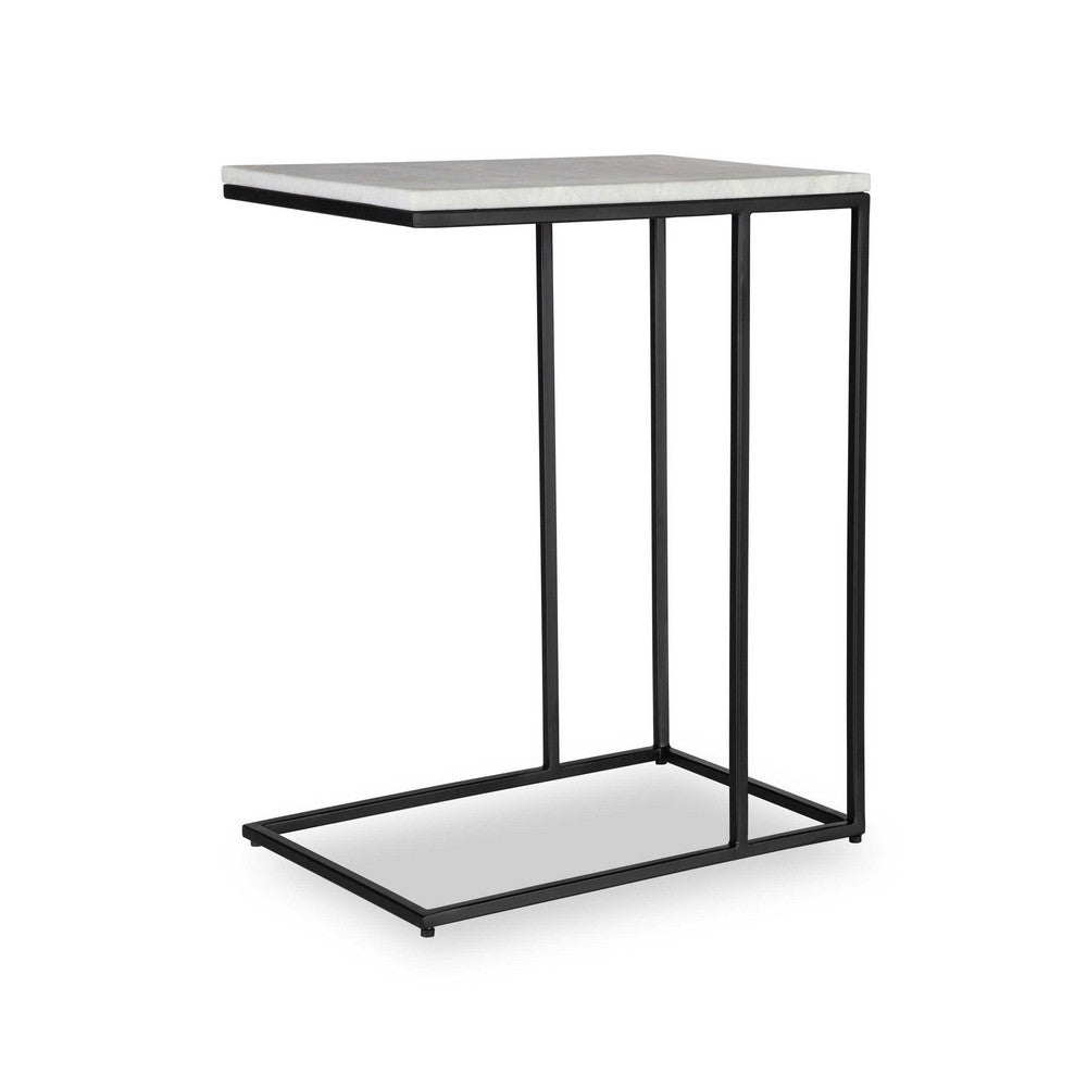 Kez Accent Table | 18" White Real Marble Top | Black C Shape Metal Frame