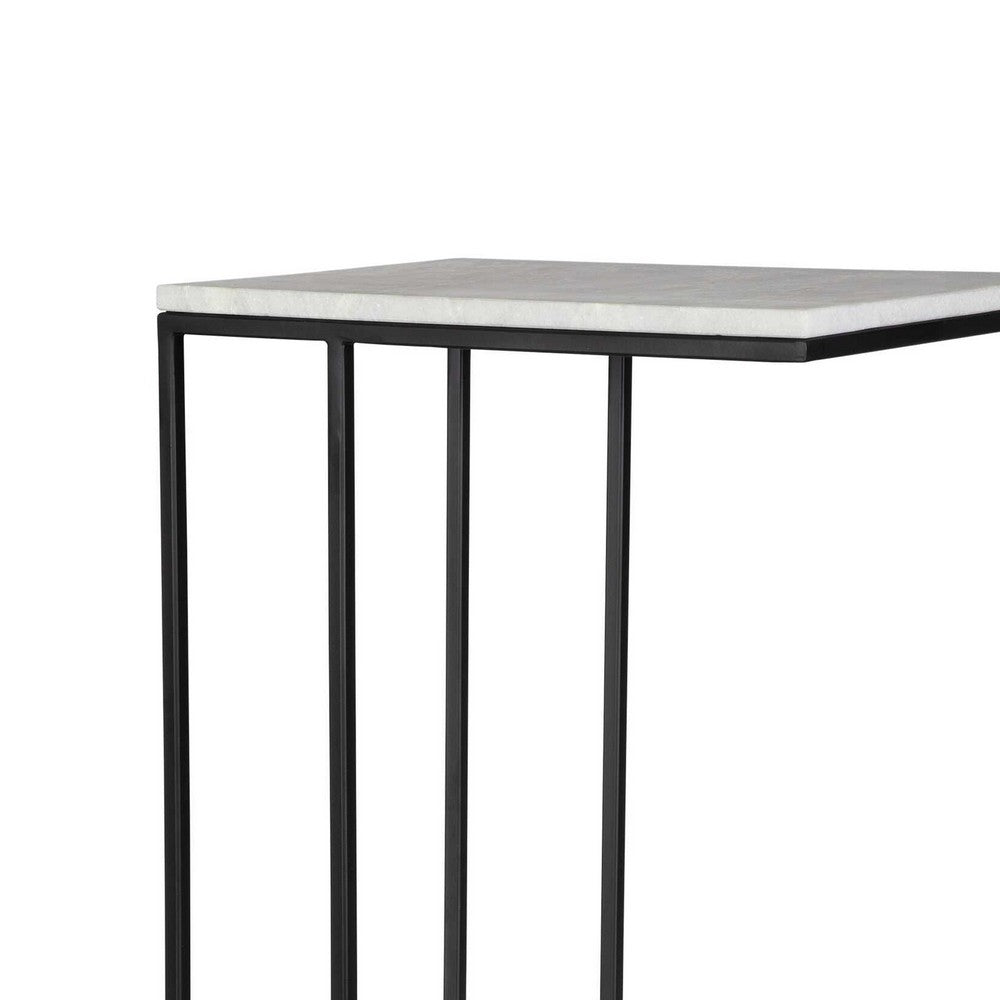 Kez Accent Table | 18" White Real Marble Top | Black C Shape Metal Frame