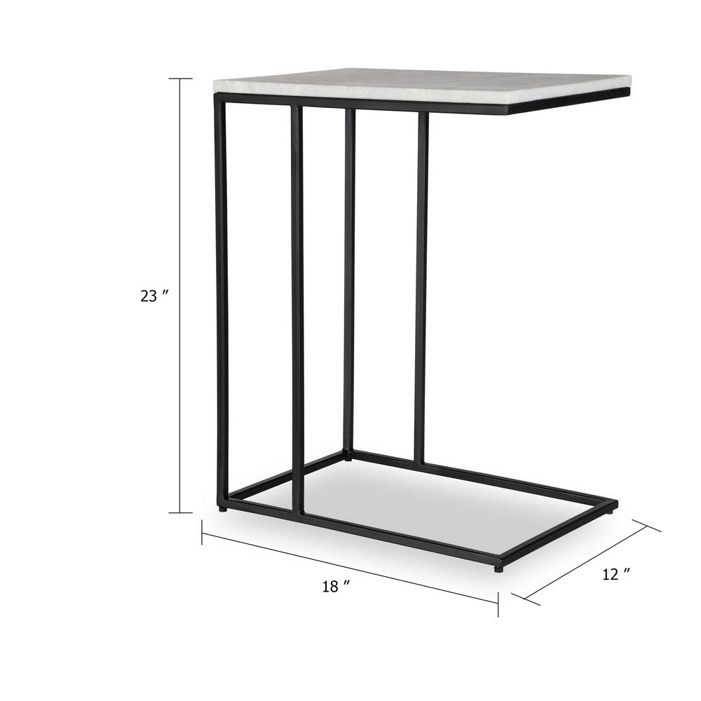 Kez Accent Table | 18" White Real Marble Top | Black C Shape Metal Frame