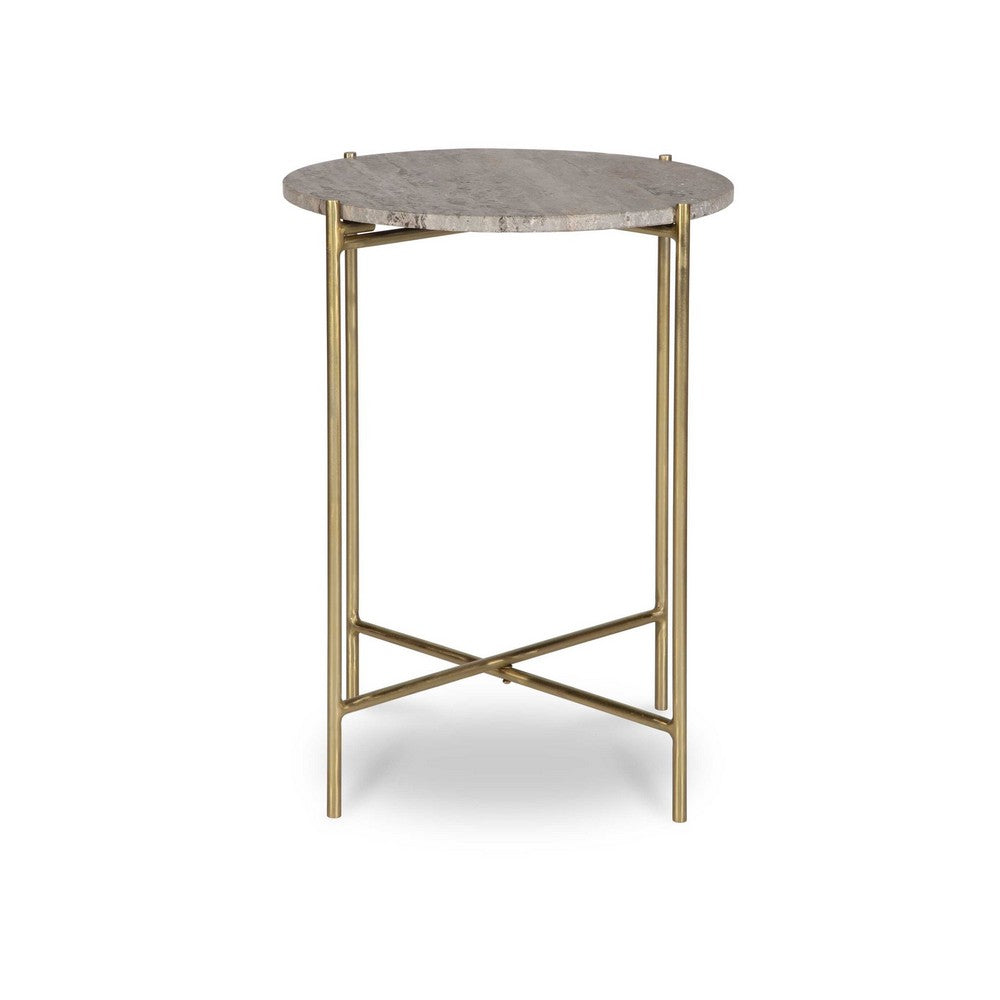 Raya Accent End Table | 16" Round Travertine Top | Gold Iron Frame