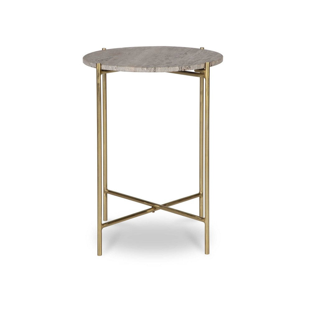 Raya Accent End Table | 16" Round Travertine Top | Gold Iron Frame