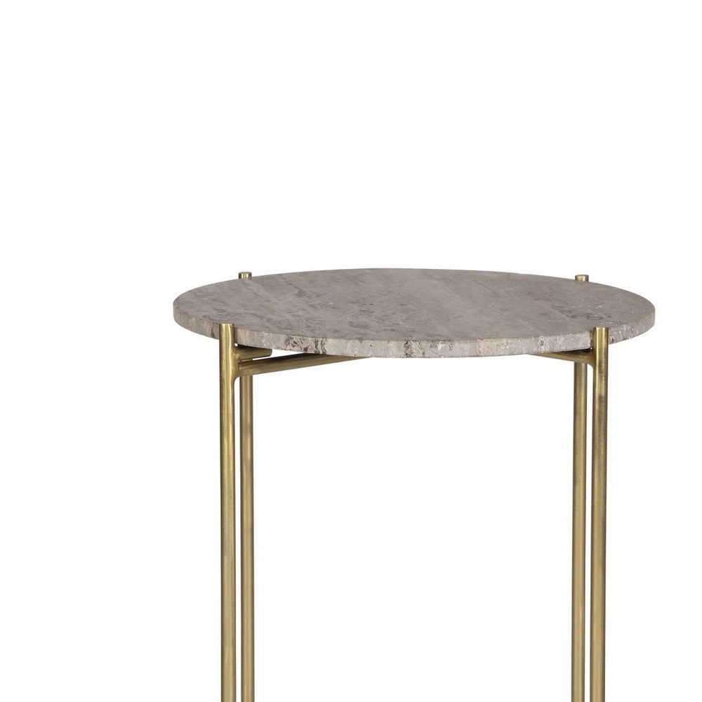 Raya Accent End Table | 16" Round Travertine Top | Gold Iron Frame