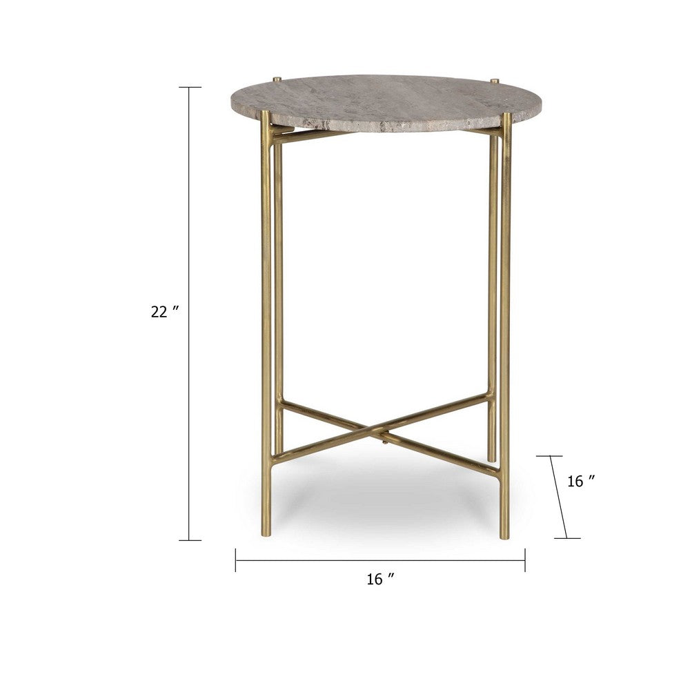 Raya Accent End Table | 16" Round Travertine Top | Gold Iron Frame