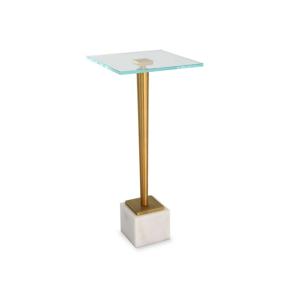 Lemy Accent Table | 11" Square Glass Top | White Marble | Retro Brass
