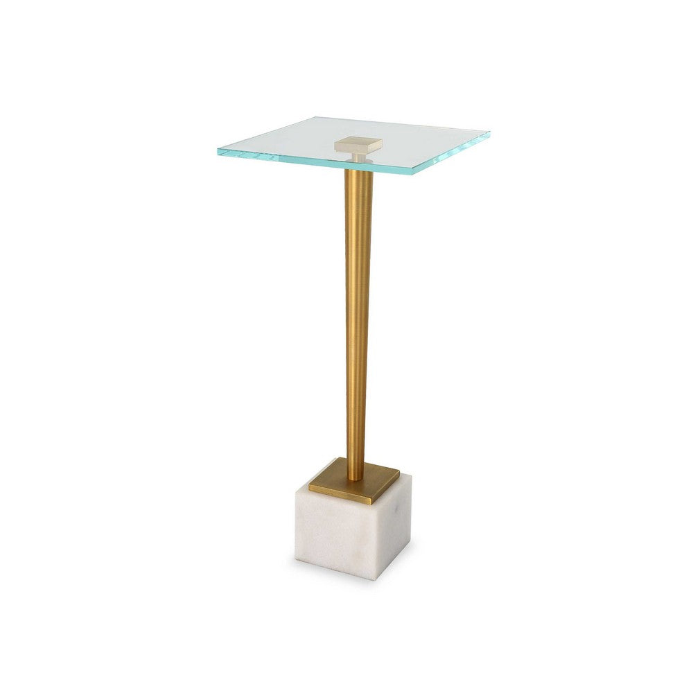 Lemy Accent Table | 11" Square Glass Top | White Marble | Retro Brass