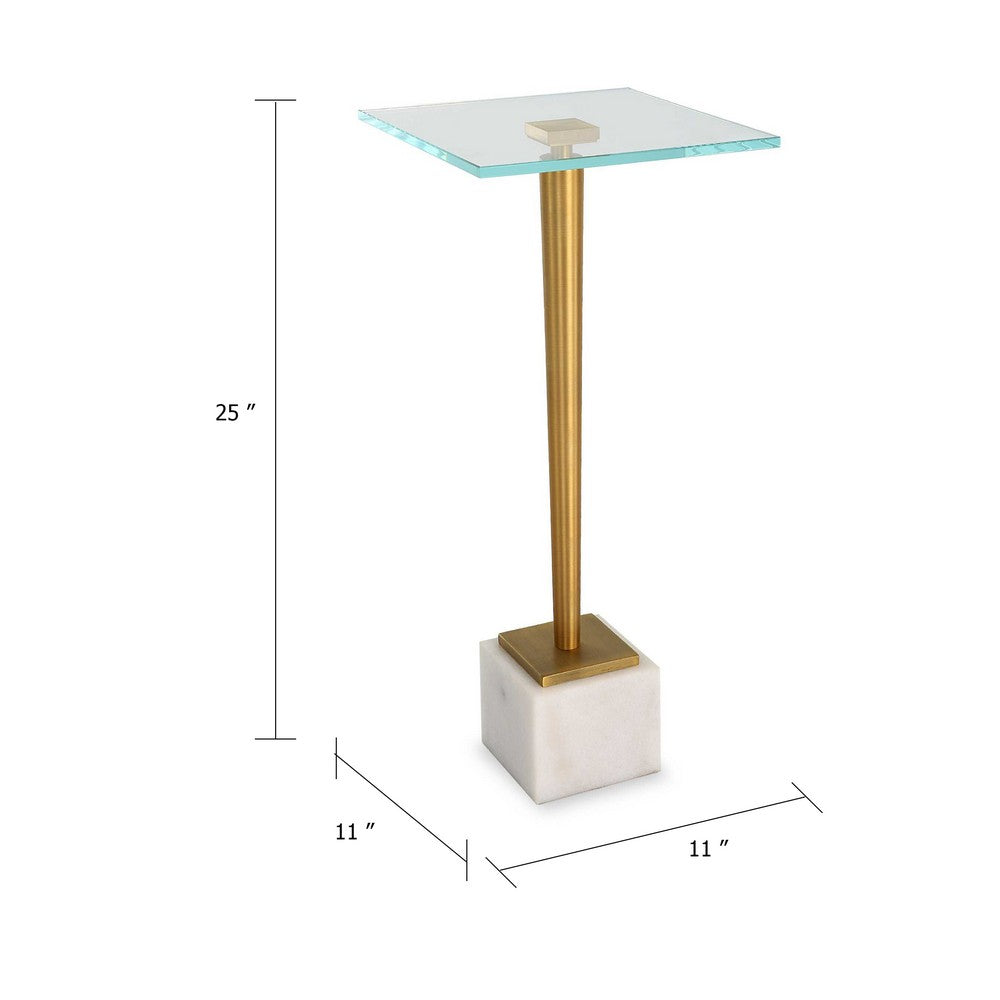 Lemy Accent Table | 11" Square Glass Top | White Marble | Retro Brass
