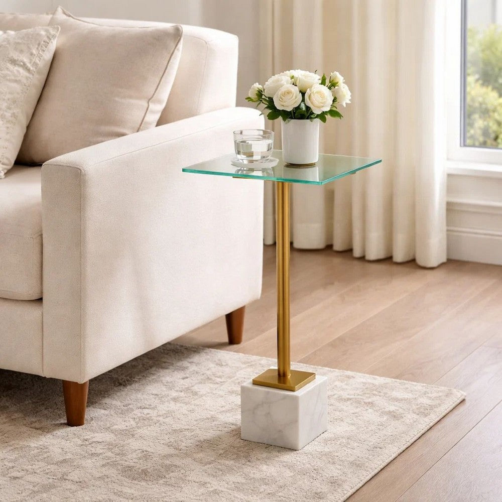Lemy Accent Table | 11" Square Glass Top | White Marble | Retro Brass