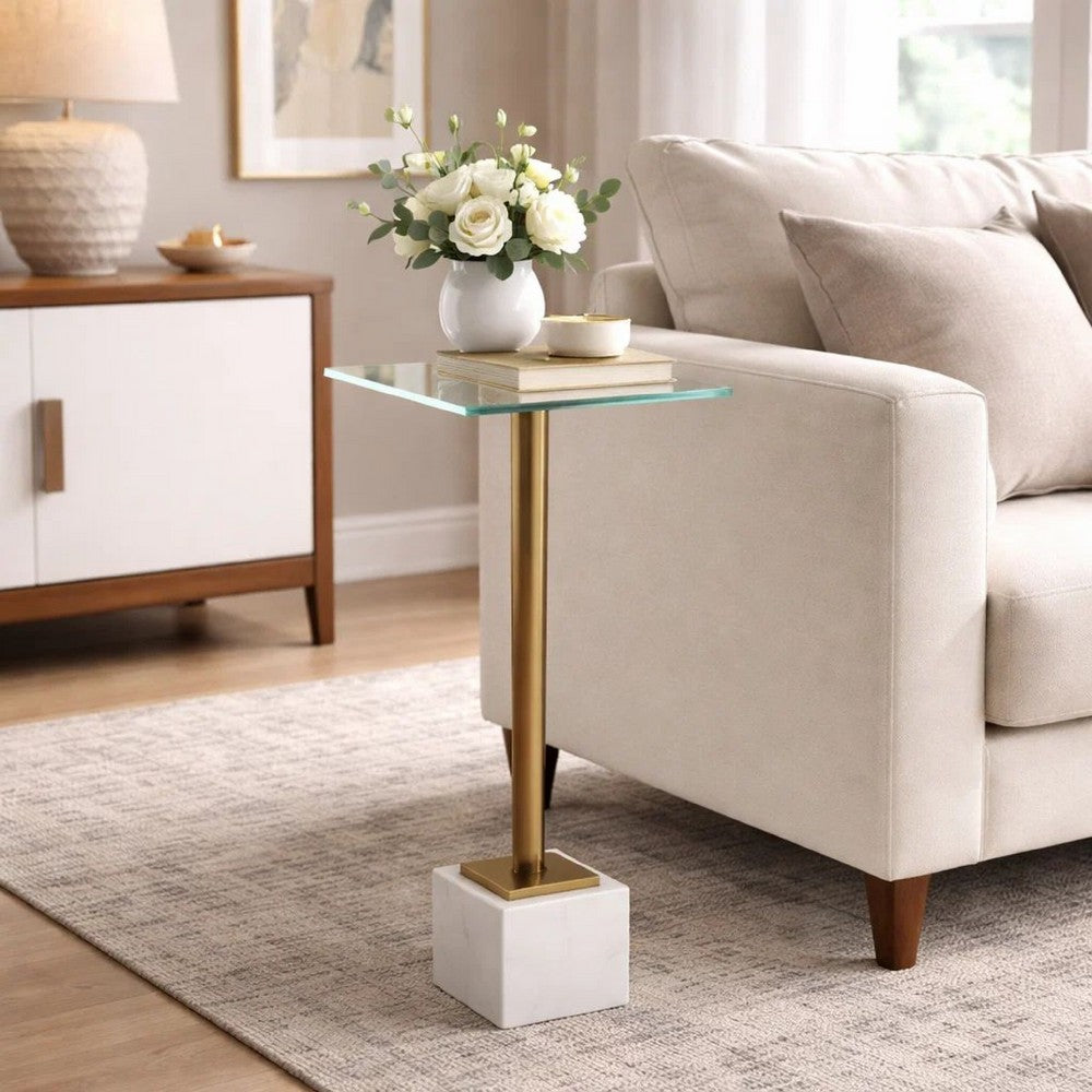 Lemy Accent Table | 11" Square Glass Top | White Marble | Retro Brass