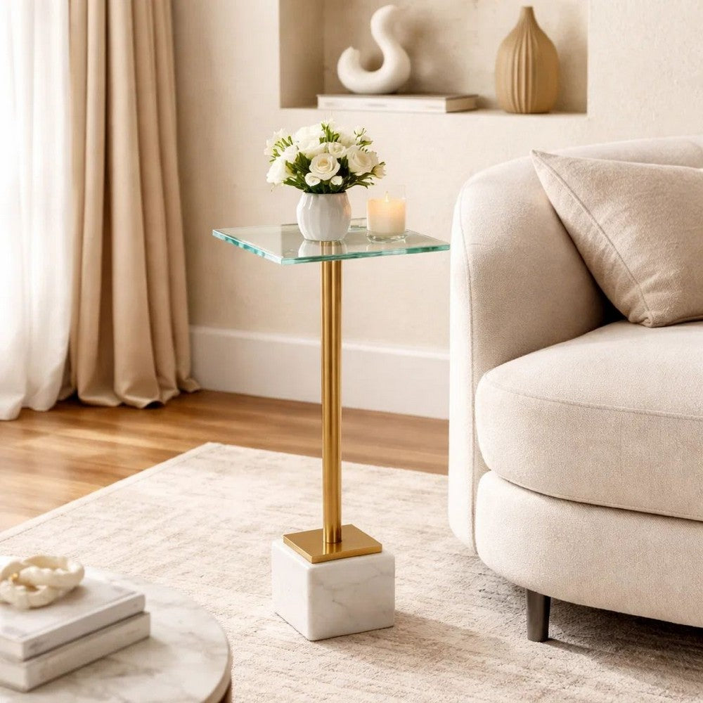 Lemy Accent Table | 11" Square Glass Top | White Marble | Retro Brass