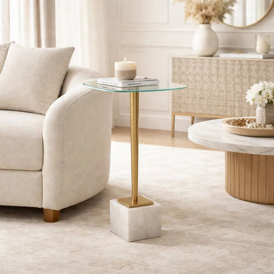 Lemy Accent Table | 11" Square Glass Top | White Marble | Retro Brass
