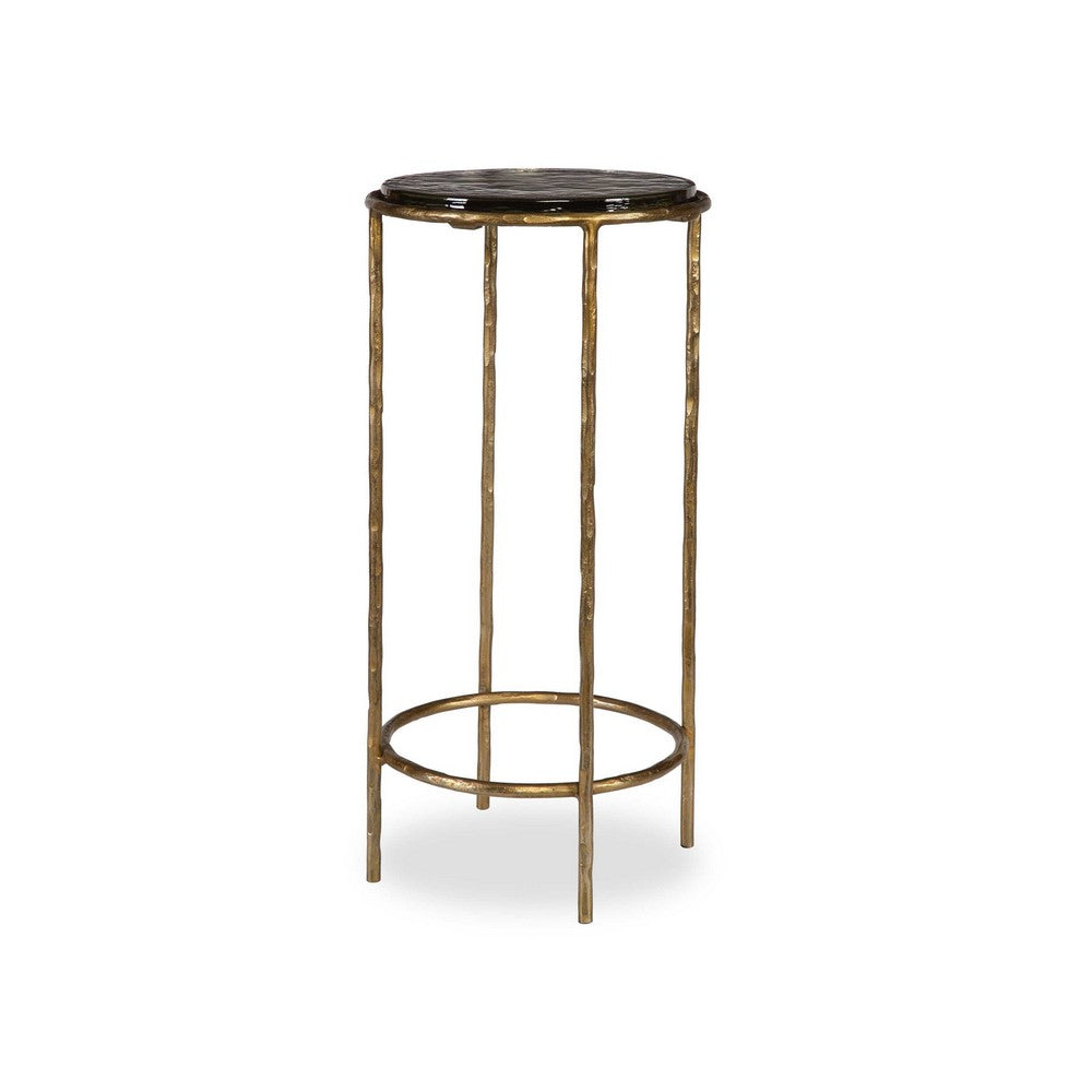 Hex Accent Table | 12" Round Recycled Glass Top | Gold Iron Frame