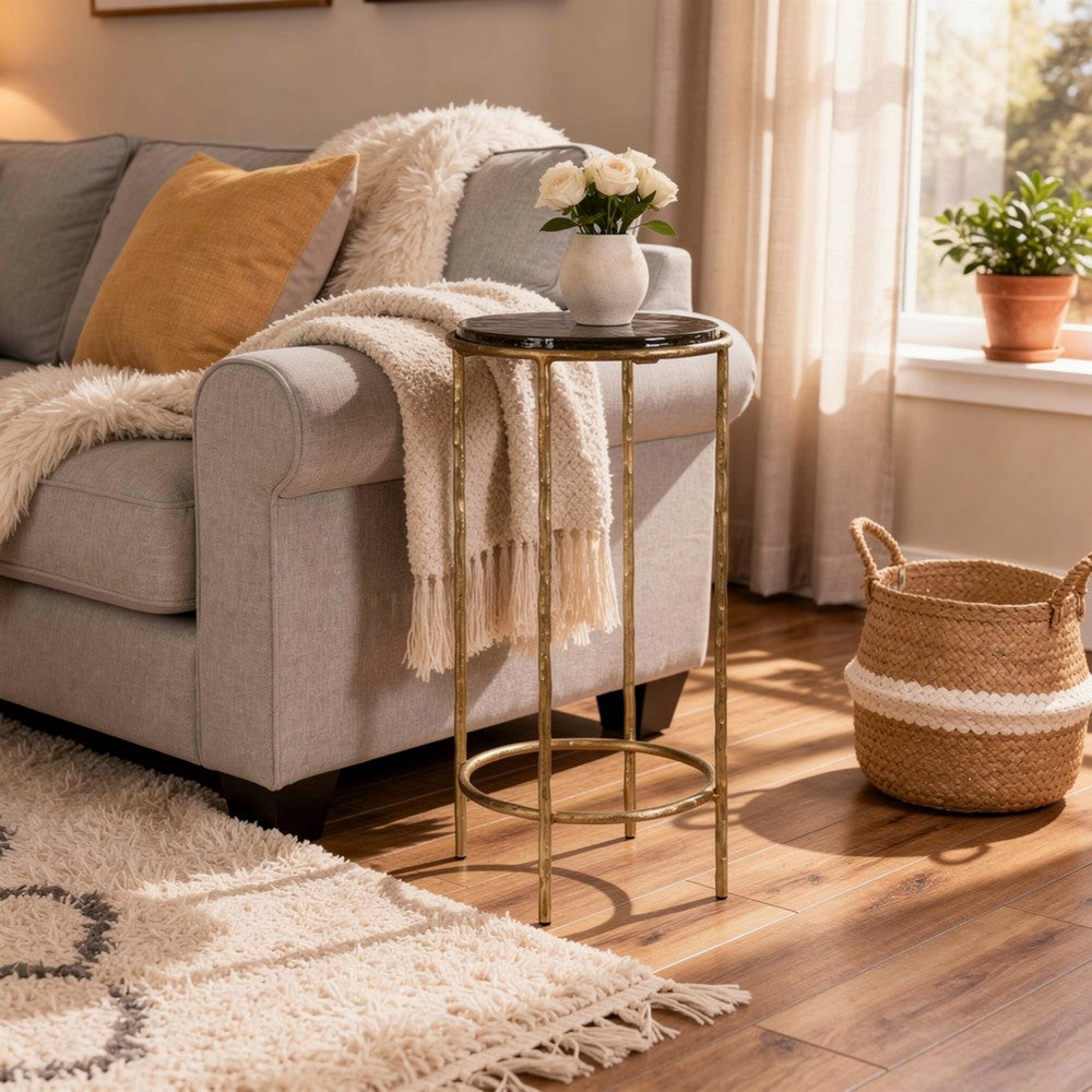 Hex Accent Table | 12" Round Recycled Glass Top | Gold Iron Frame