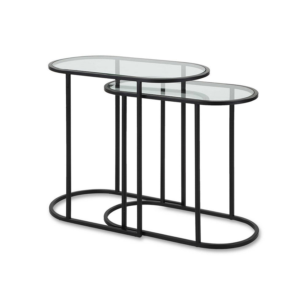 Valo 2pc Nesting Accent Table Set | Glass Oval Top | Retro Matte Black