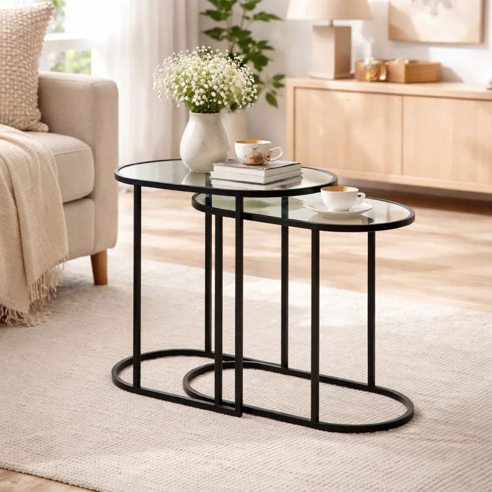 Valo 2pc Nesting Accent Table Set | Glass Oval Top | Retro Matte Black
