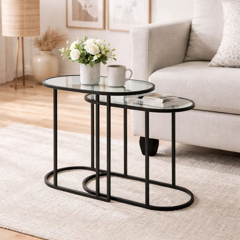 Valo 2pc Nesting Accent Table Set | Glass Oval Top | Retro Matte Black