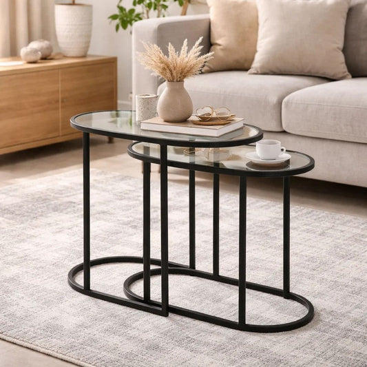 Valo 2pc Nesting Accent Table Set | Glass Oval Top | Retro Matte Black