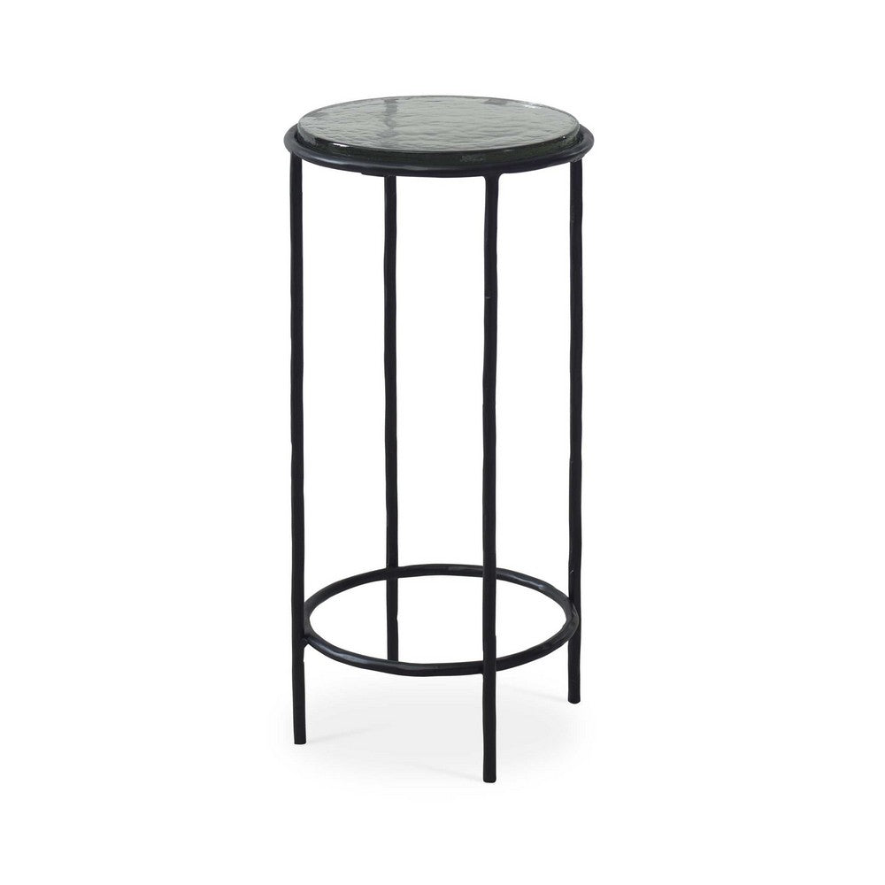 Hex Accent Table | 12" Round Recycled Glass Top | Black Iron Frame
