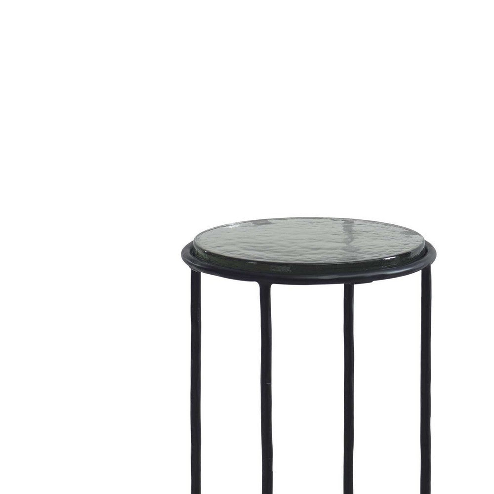 Hex Accent Table | 12" Round Recycled Glass Top | Black Iron Frame
