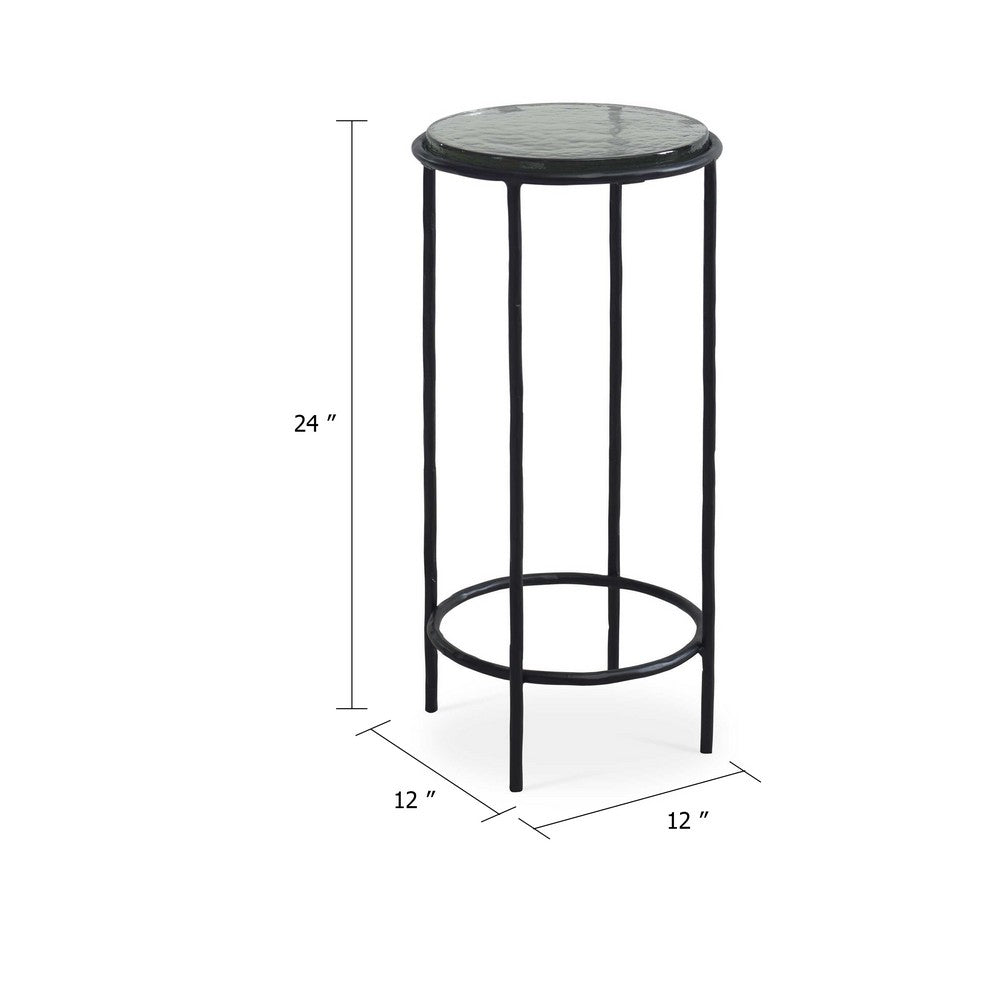 Hex Accent Table | 12" Round Recycled Glass Top | Black Iron Frame